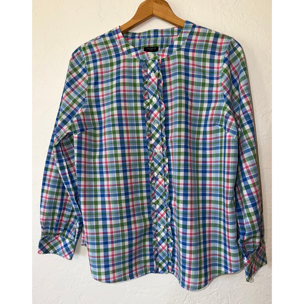 Talbots Picnic Plaid Ruffle Front Shirt Blouse Blue Pink LP Large Petite